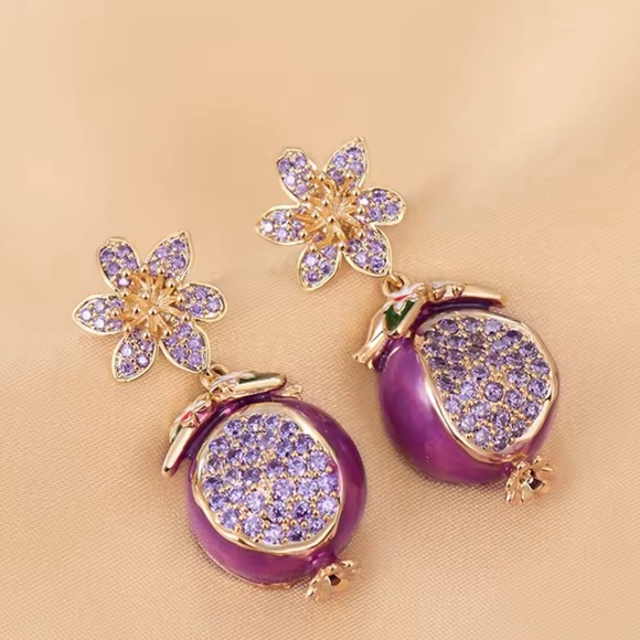 Unique Pomegranate Purple and Gold Floral Earrings - Picture 4 of 7